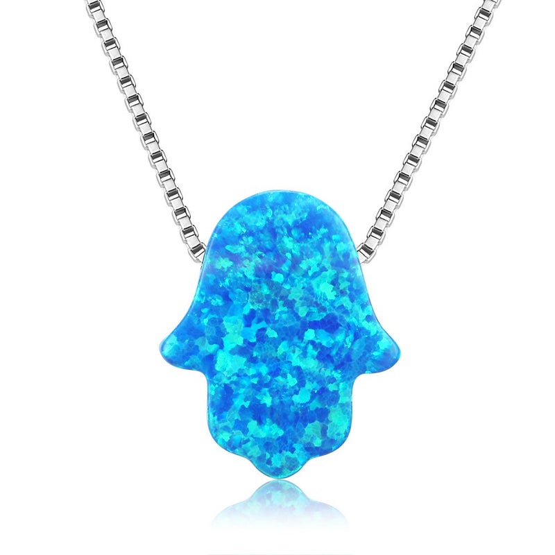 Kaletine Hamsa Hand of Fatima Necklace Sterling Silver Blue Synthetic Opal Pendant 11x13mm Box Chain 16"+2" Ext. - Image 1